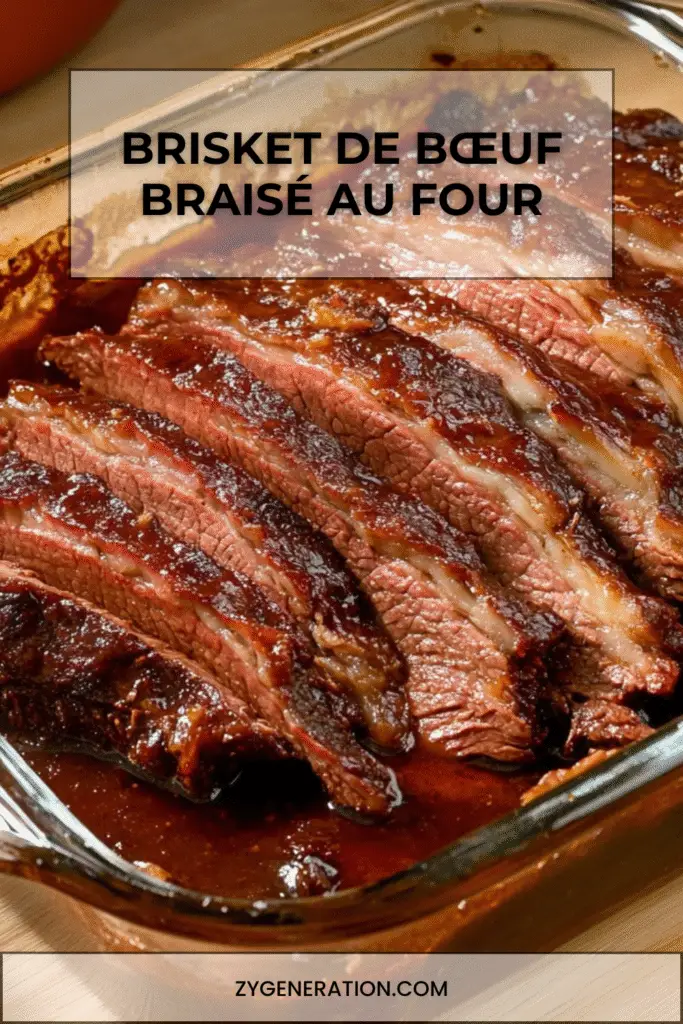 tranche de brisket de bœuf braisé nappée de sauce tomate‑vin