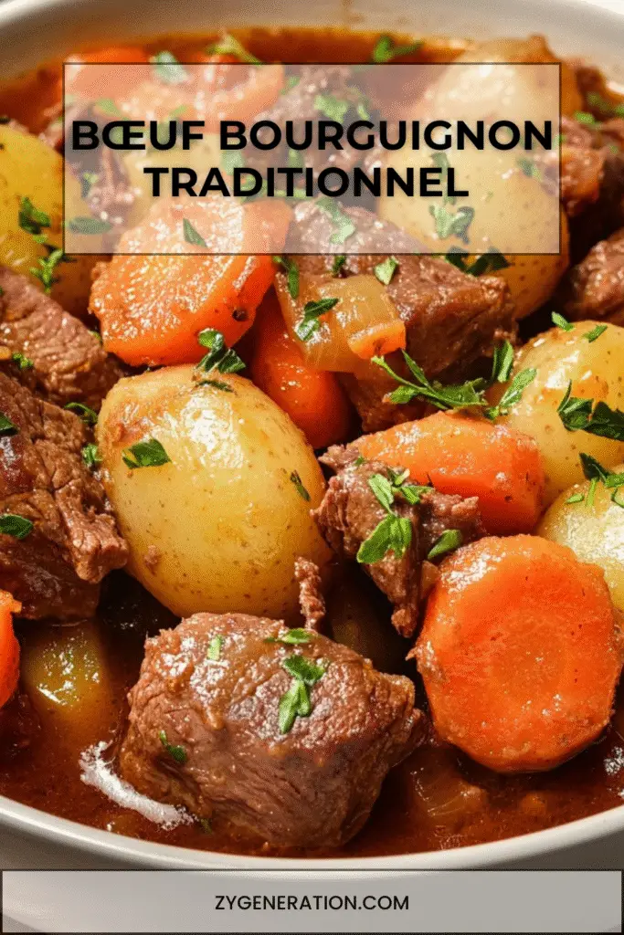 Recette authentique du bœuf bourguignon traditionnel : viande fondante, légumes riches, vin corsé, mijotage lent.