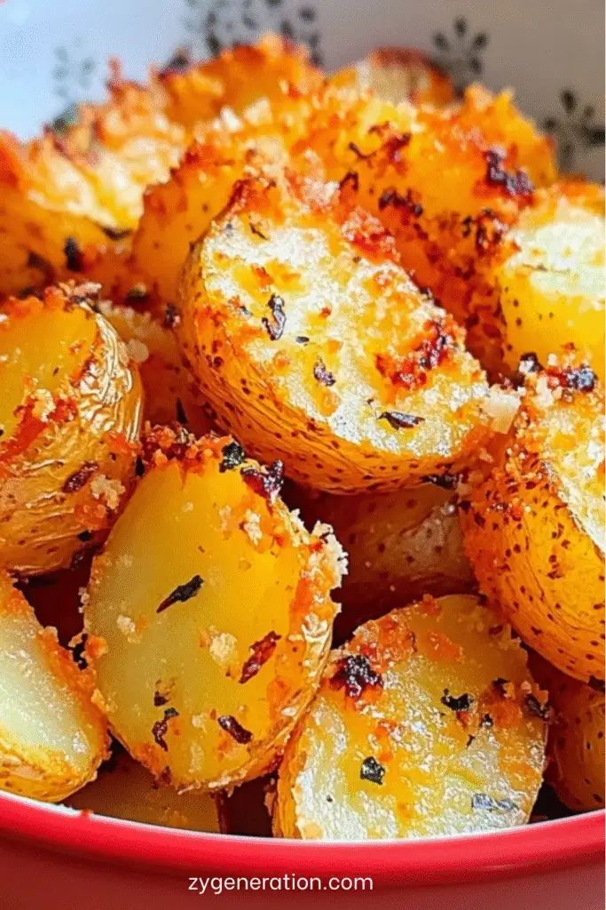 Pommes de terre grenaille dorées et croustillantes au parmesan sur une plaque de cuisson.