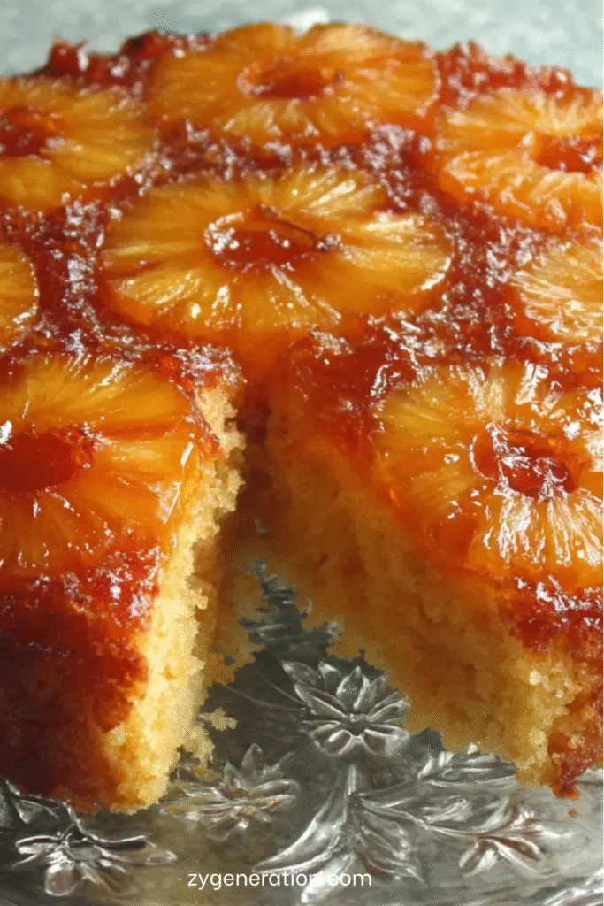 Gâteau renversé à l’ananas caramélisé doré, présenté sur un plat de service.