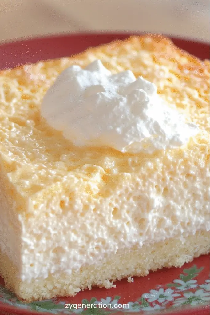 Part de gâteau magique à la vanille montrant ses trois couches distinctes sur une assiette.