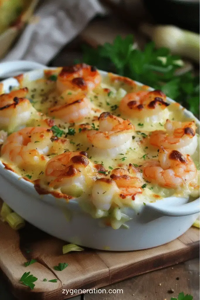 Gratin doré de crevettes et poireaux dans un plat individuel sortant du four.