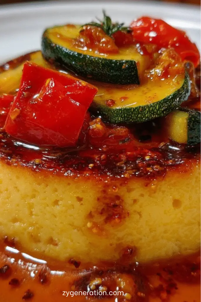 Part de flan provençal aux légumes du soleil colorés dans une assiette estivale.