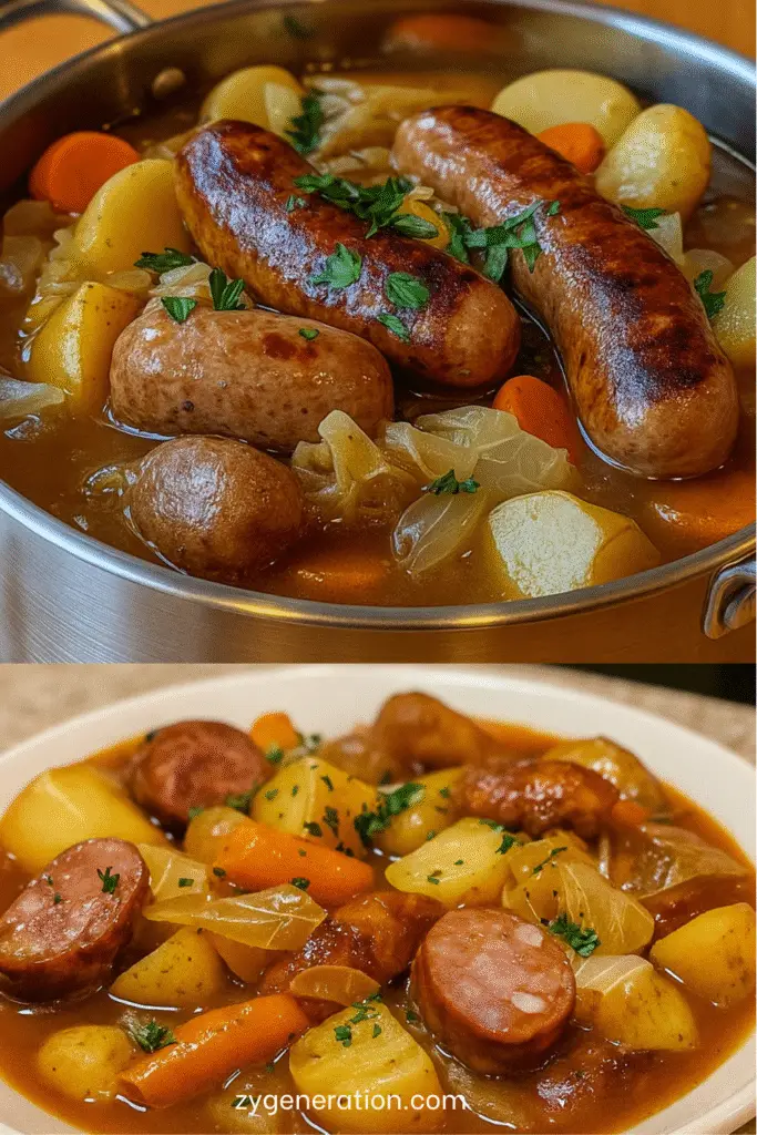 Potée aux saucisses fumées et légumes racines servie dans une cocotte en fonte.