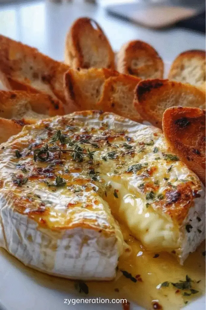 Camembert cuit au four nappé de miel et de thym, coulant et servi avec des tranches de baguette grillées.