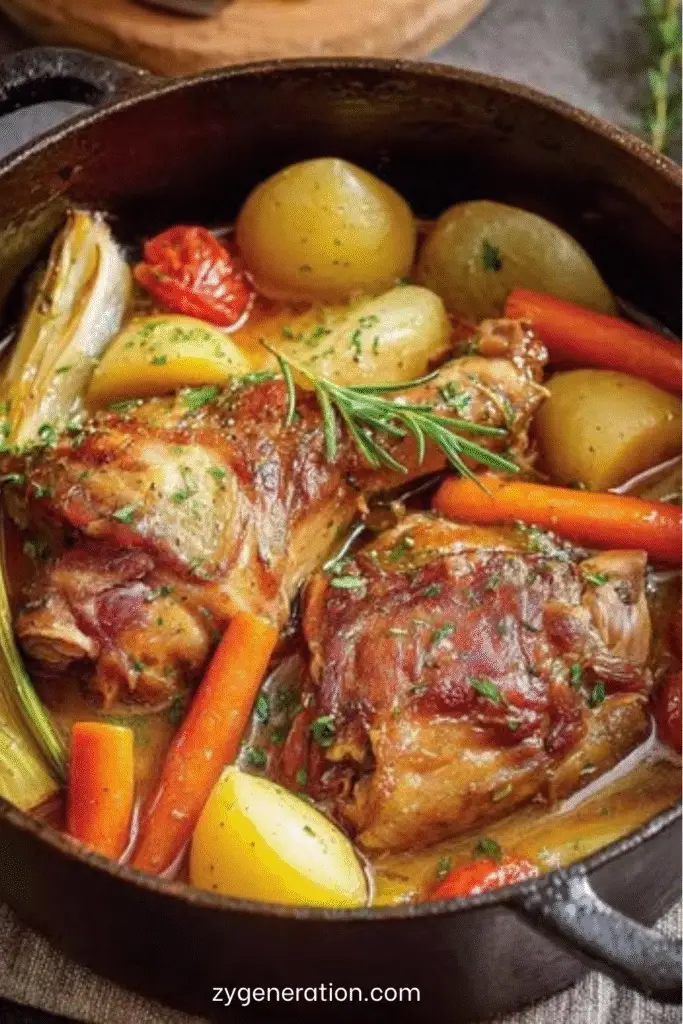 Jarret de porc braisé servi avec légumes fondants dans une cocotte en fonte.