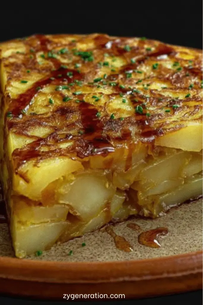 Tranche de tortilla espagnole dorée aux pommes de terre et oignons, servie sur une assiette rustique.