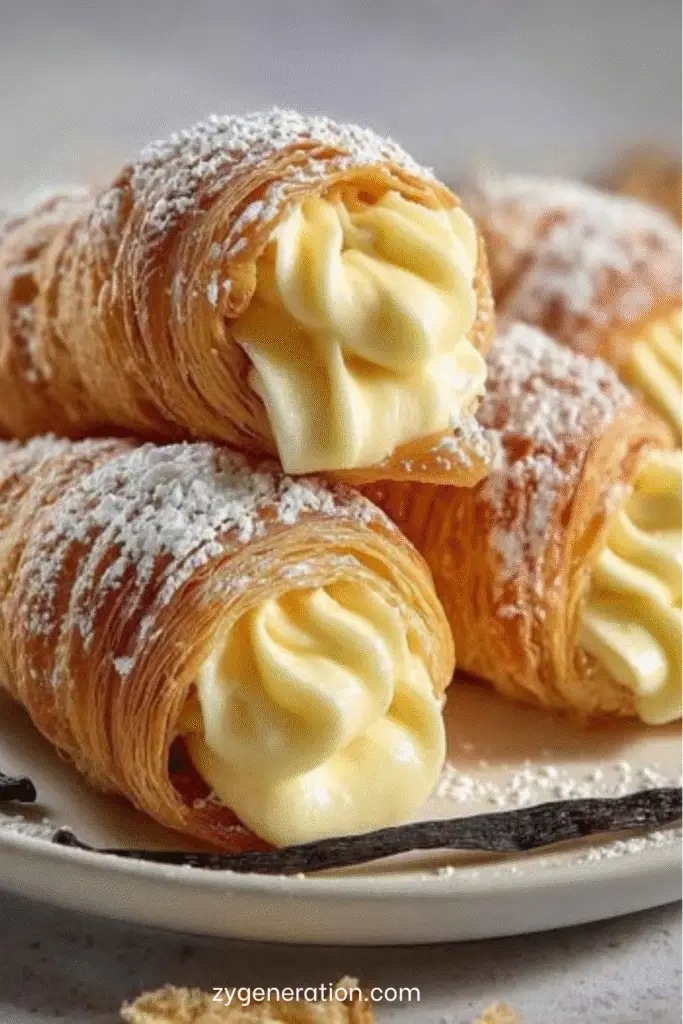 Cornets feuilletés croustillants garnis de crème pâtissière et saupoudrés de sucre glace.