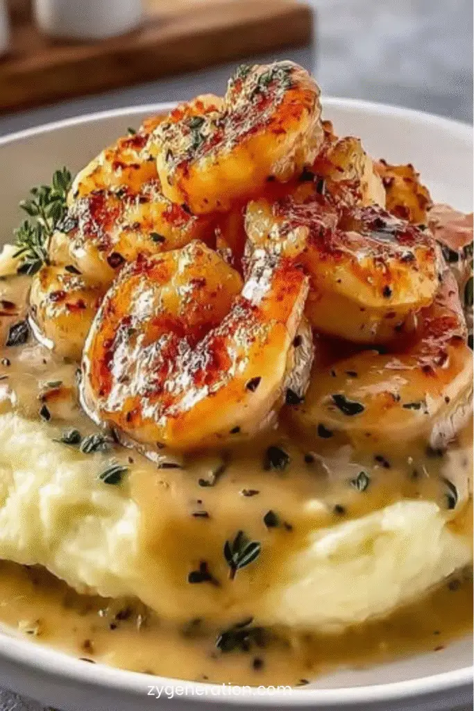 Crevettes sautées à l’ail avec sauce à la crème et parmesan, accompagnées d’une purée de pommes de terre moelleuse
