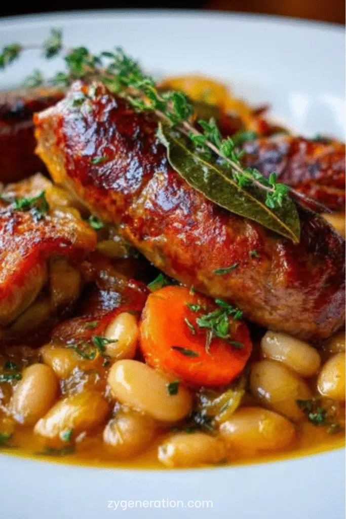 Cassoulet traditionnel servi dans une cocotte en fonte avec haricots blancs, cuisses de canard confites et saucisses de Toulouse dorées.