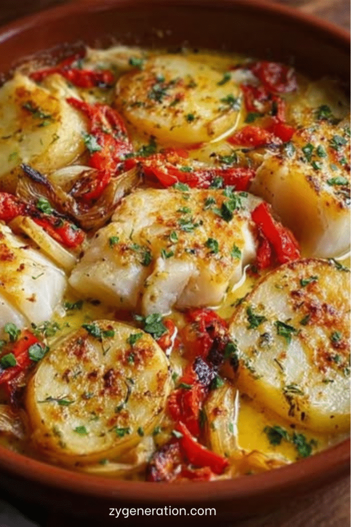 Bacalhau à la Portugaise traditionnel avec morue, pommes de terre et légumes colorés
