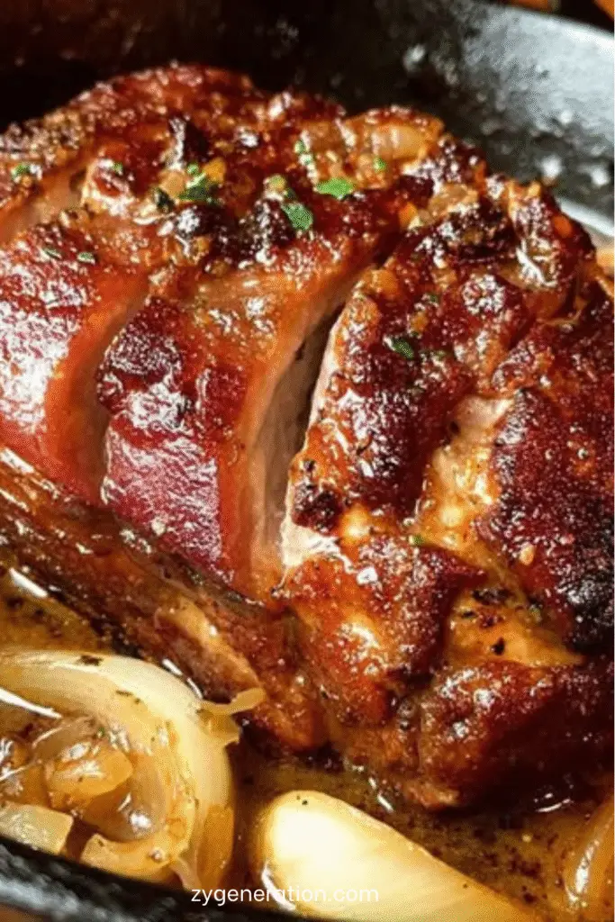 Rouelle de porc confite au four nappée d’une sauce aux oignons et à l’ail