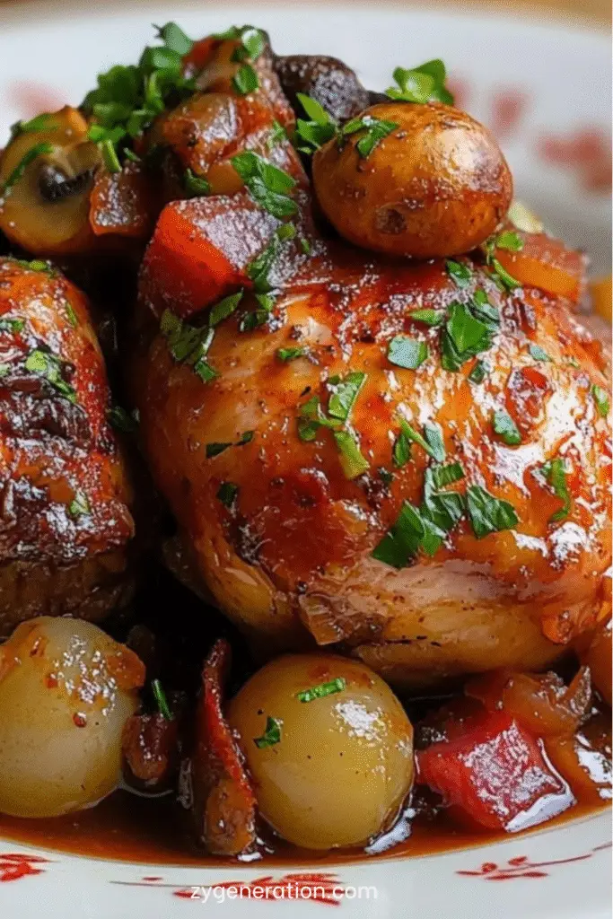 Plat de coq au vin mijoté avec champignons, carottes et lardons