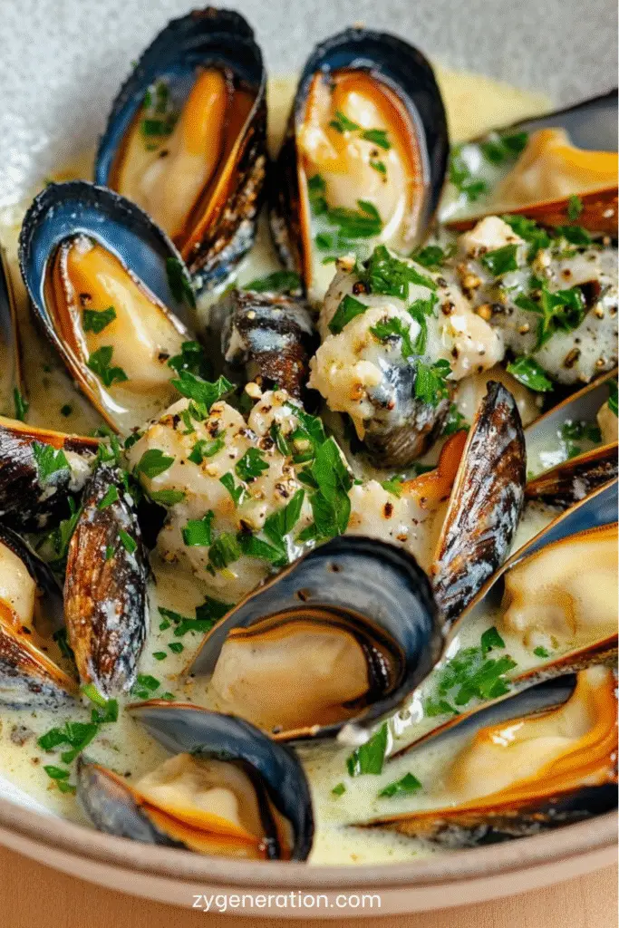 Moules au beurre persillé et ail servies dans une cocotte avec persil frais