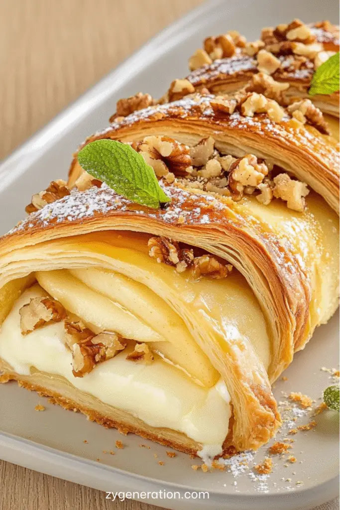 Feuilleté tressé au camembert fondant avec pommes et noix sur une assiette dorée