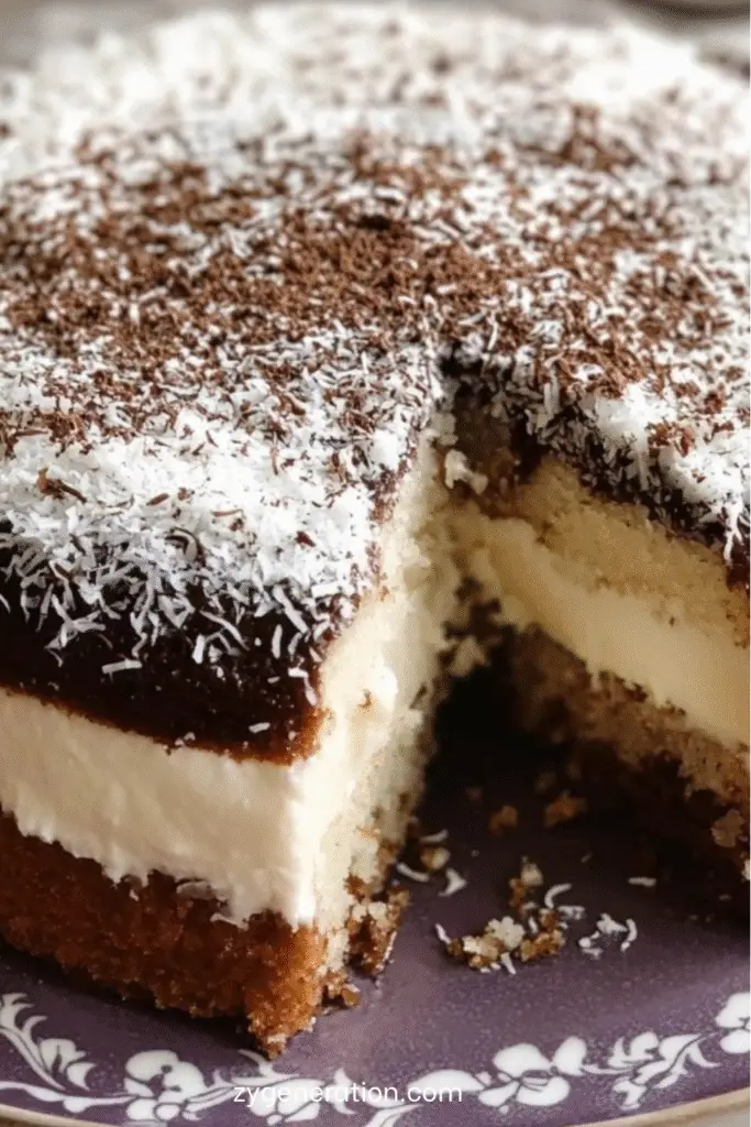 Gâteau moelleux à la noix de coco et crème décoré de chocolat râpé et de coco