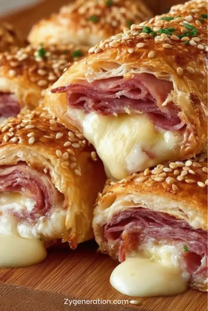Roulés feuilletés au jambon et fromage dorés et croustillants sur une plaque