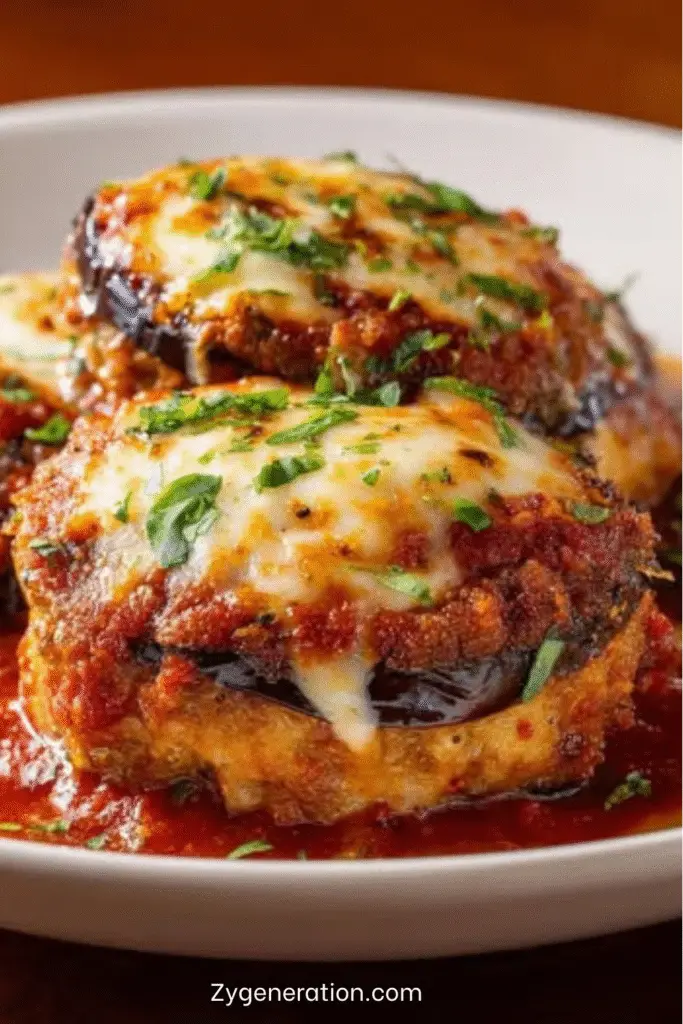 Galettes de porc alla parmigiana gratinées avec linguines à l’ail servies dans une assiette creuse