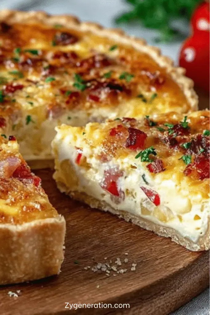 Tarte salée à la cancoillotte et aux lardons dorée et servie chaude