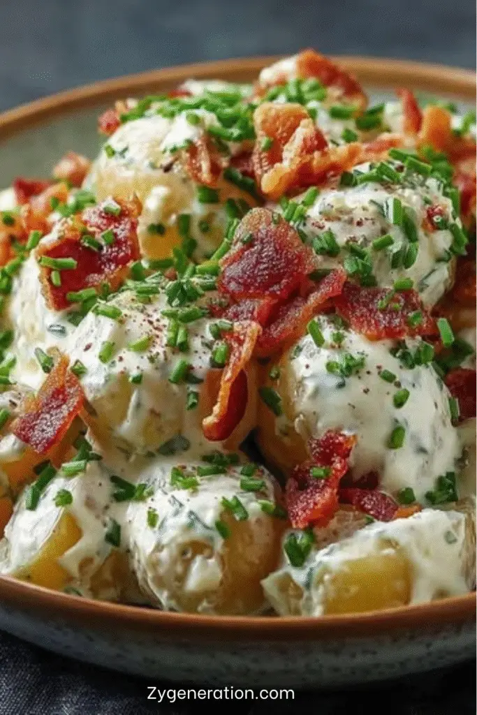  Salade de pommes de terre au bacon et ail servie tiède avec ciboulette fraîche