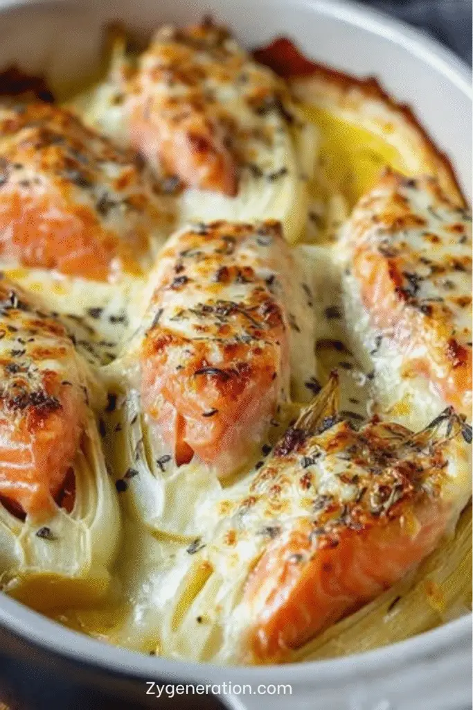 Gratin d’endives au saumon fumé nappé de crème citronnée et fromage gratiné