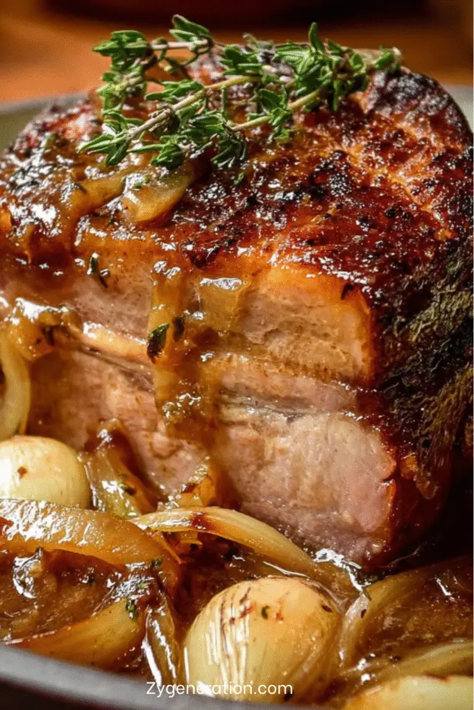 Rouelle de porc cuite en cocotte nappée d’une sauce aux oignons caramélisés et à l’ail confit
