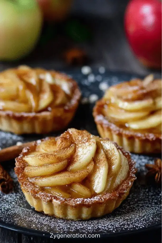 Mini tartelettes aux pommes dorées, garnies de dés de pommes caramélisés à la cannelle