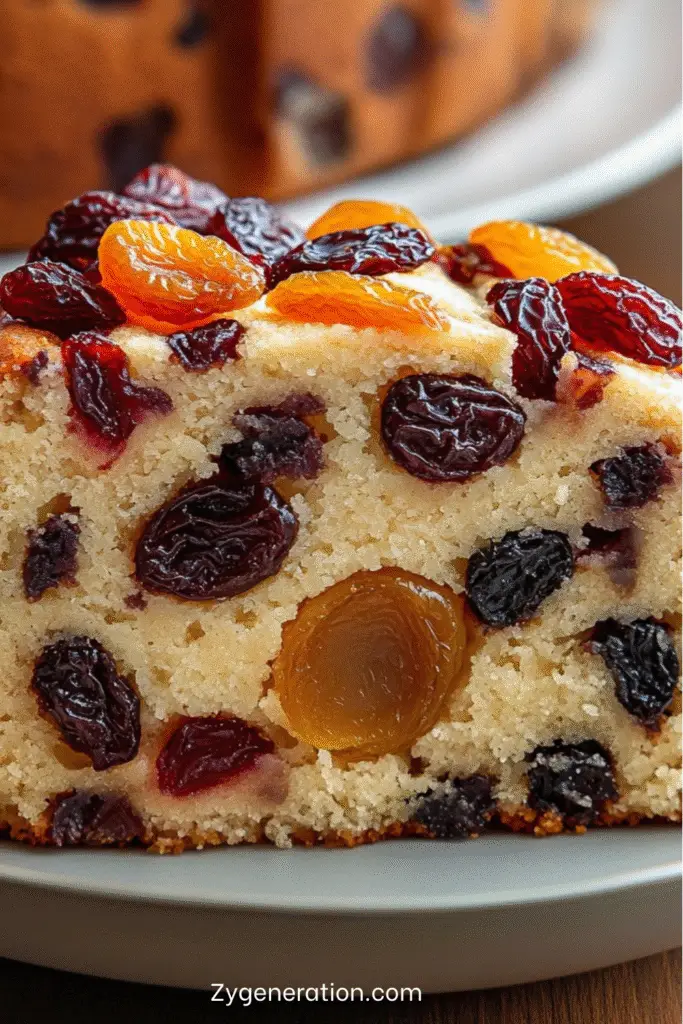 Tranche de cake aux fruits secs et au rhum montrant une mie moelleuse garnie de raisins, abricots et cranberries