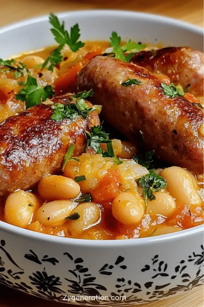 Cassoulet rapide en cocotte avec saucisses dorées et haricots blancs mijotés