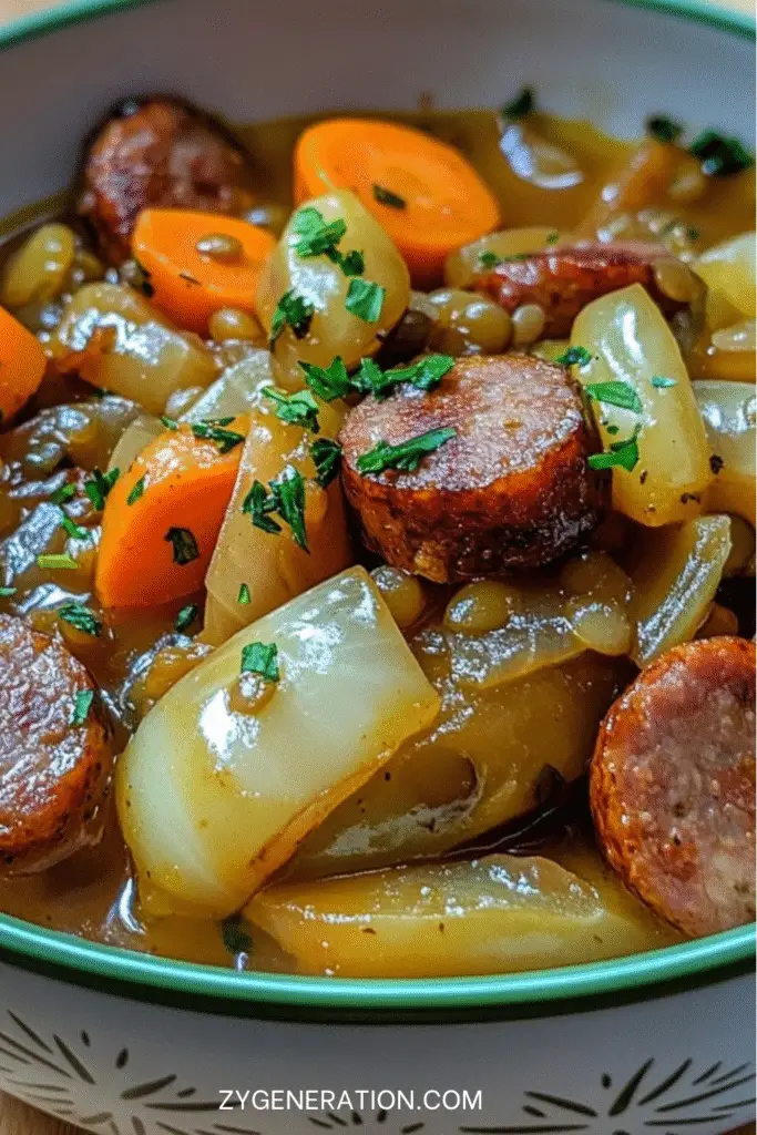 potée aux saucisses et lentilles servie en cocotte familiale