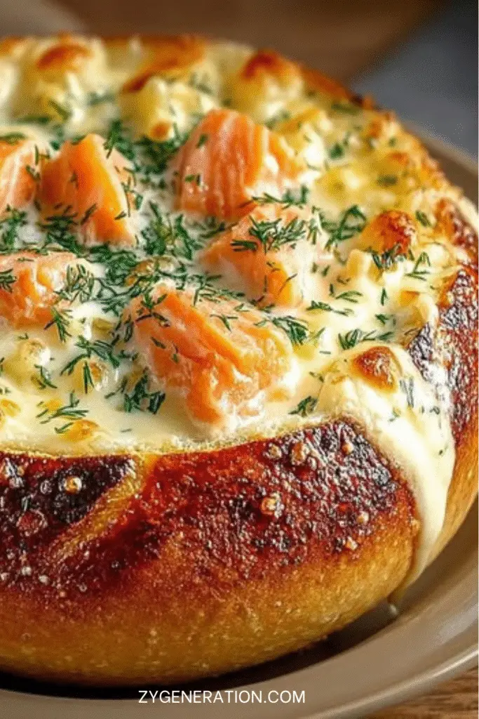 pain farci au saumon et fromage crémeux, croustillant et doré