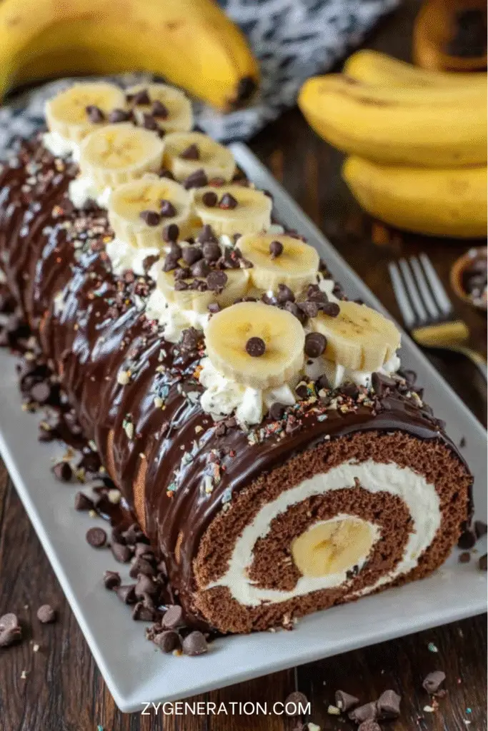 bûche roulée chocolat banane moelleuse et décorée de chantilly