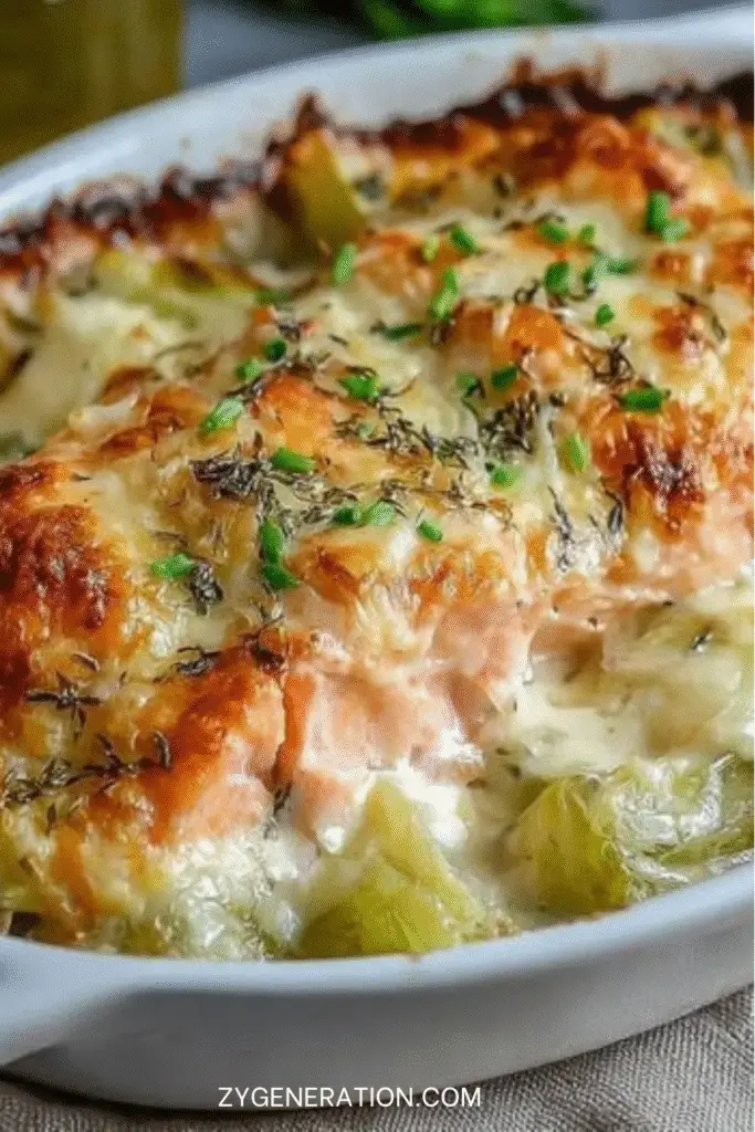 cassolette de saumon et poireaux gratinés dorée et servie chaude