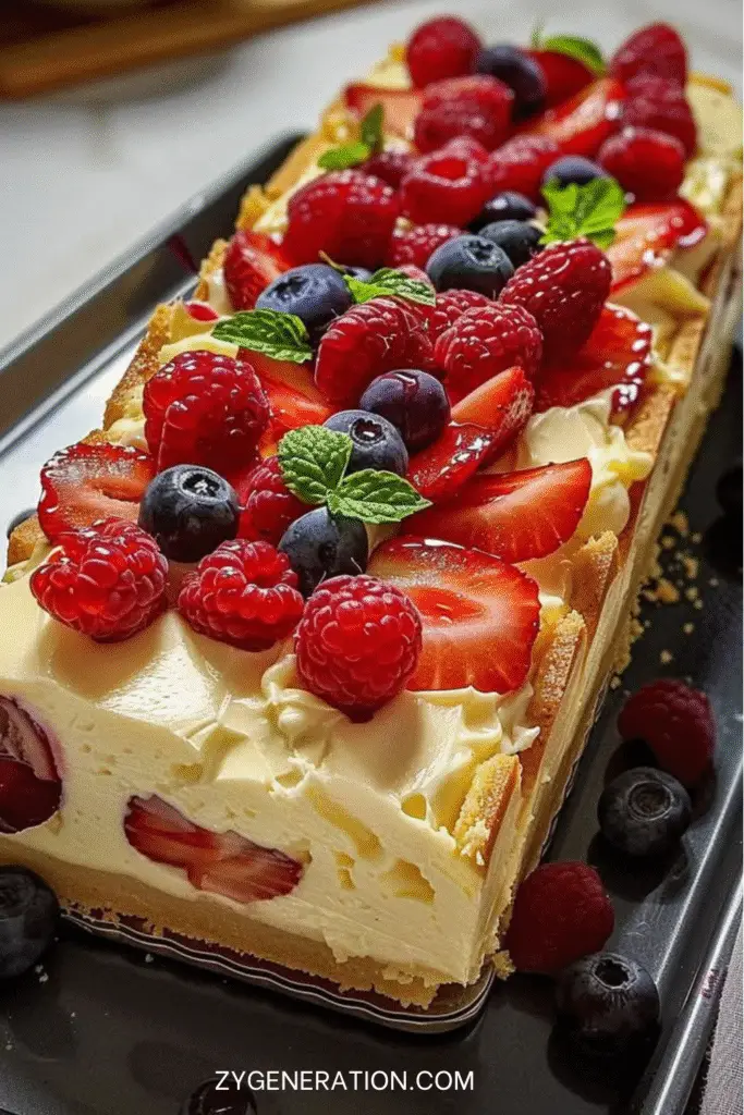 gâteau au fromage à la crème sans cuisson garni de fruits rouges et feuilles de menthe