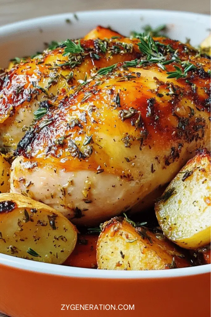 poulet rôti aux herbes entouré de légumes racines dorés