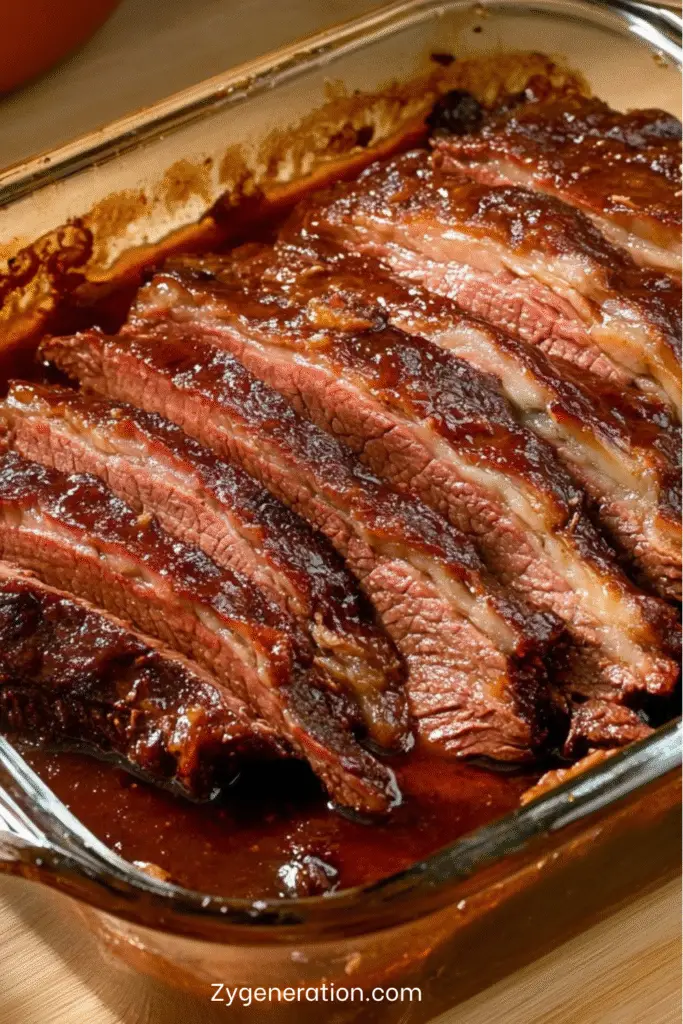 tranche de brisket de bœuf braisé nappée de sauce tomate‑vin