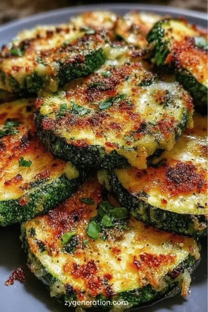 Courgettes rôties au four avec ail et parmesan doré servies sur une plaque.