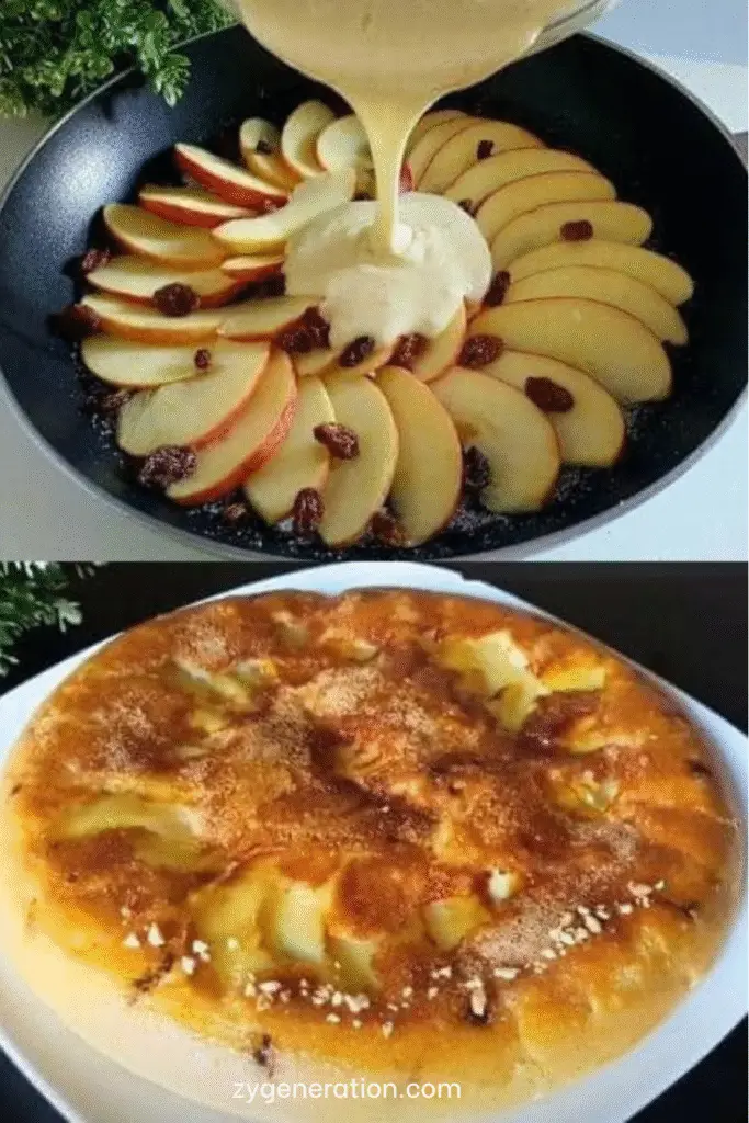 Gâteau aux pommes moelleux cuit à la poêle, garni de confiture d’abricots et d’amandes hachées.