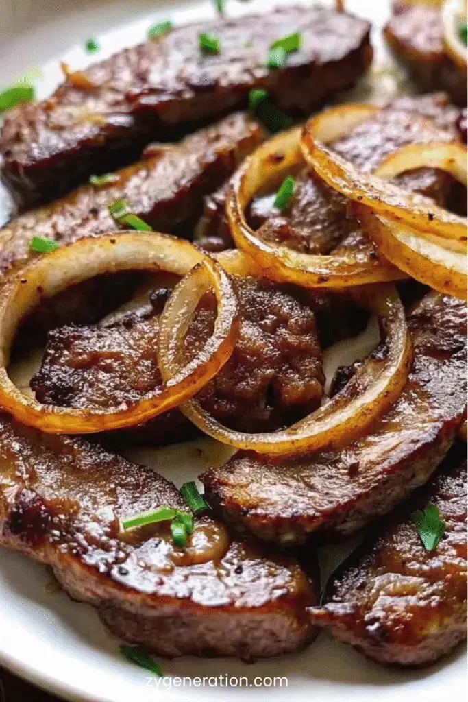 Assiette de foie de bœuf poêlé nappé d’oignons caramélisés et persil frais.