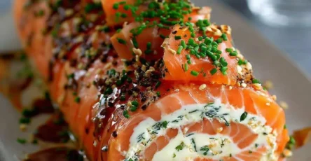 bûche salée au saumon fumé et fromage frais décorée d’aneth et œufs de saumon