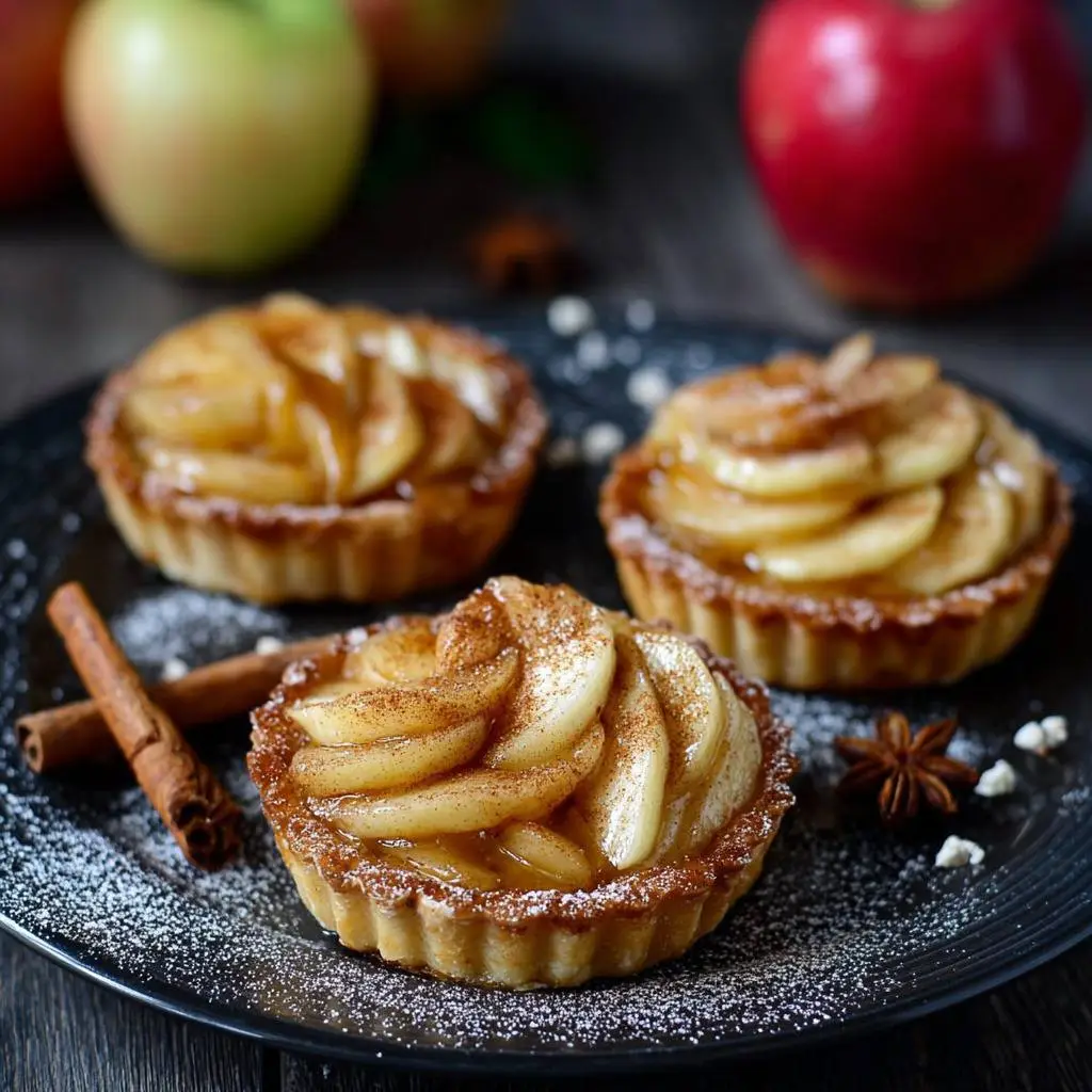 Mini tartelettes aux pommes dorées, garnies de dés de pommes caramélisés à la cannelle
