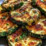 Courgettes rôties au four avec ail et parmesan doré servies sur une plaque.