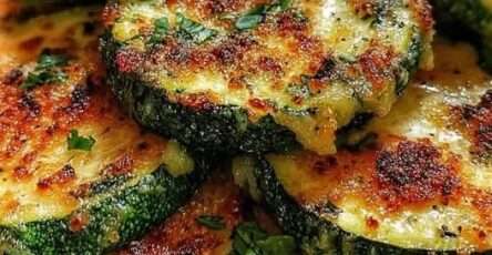 Courgettes rôties au four avec ail et parmesan doré servies sur une plaque.