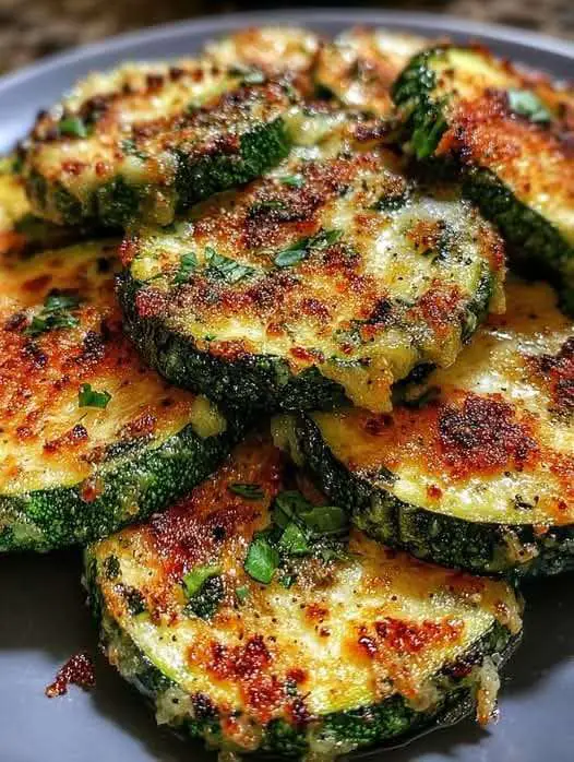 Courgettes rôties au four avec ail et parmesan doré servies sur une plaque.