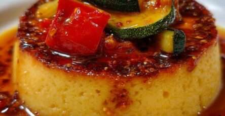 Part de flan provençal aux légumes du soleil colorés dans une assiette estivale.