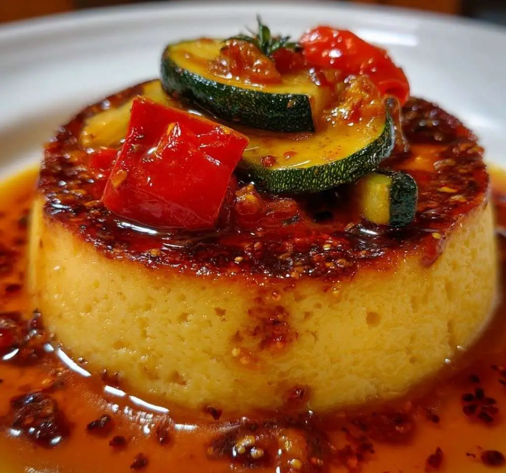Part de flan provençal aux légumes du soleil colorés dans une assiette estivale.