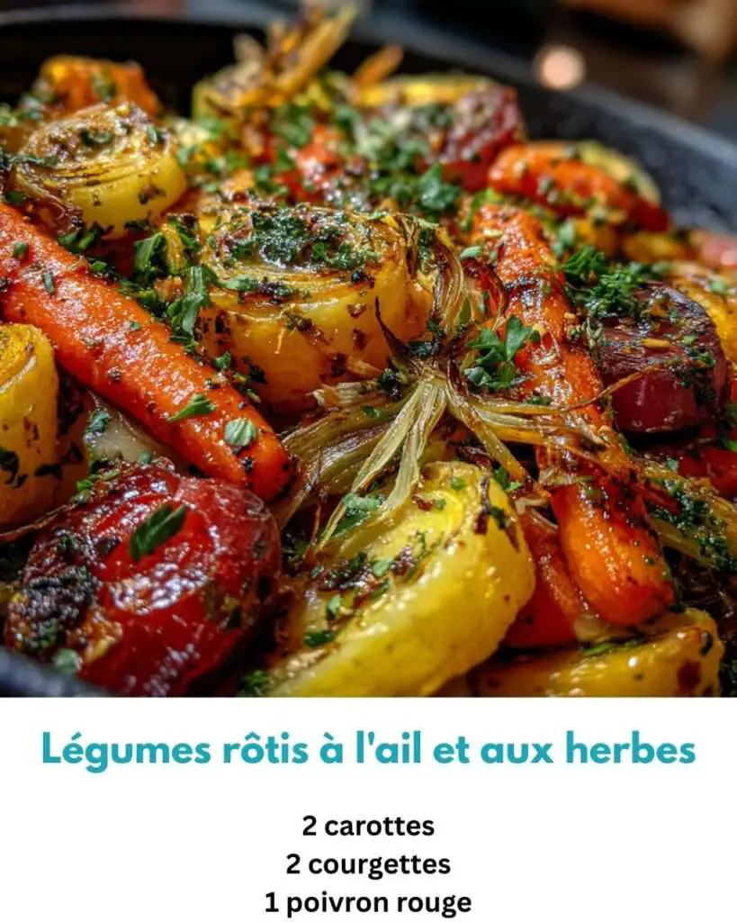 Légumes d’été rôtis au four, colorés et dorés, parsemés de persil frais dans un plat.