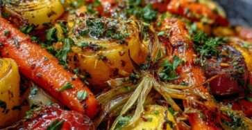 Légumes d’été rôtis au four, colorés et dorés, parsemés de persil frais dans un plat.