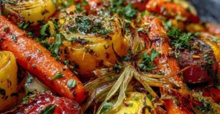 Légumes d’été rôtis au four, colorés et dorés, parsemés de persil frais dans un plat.