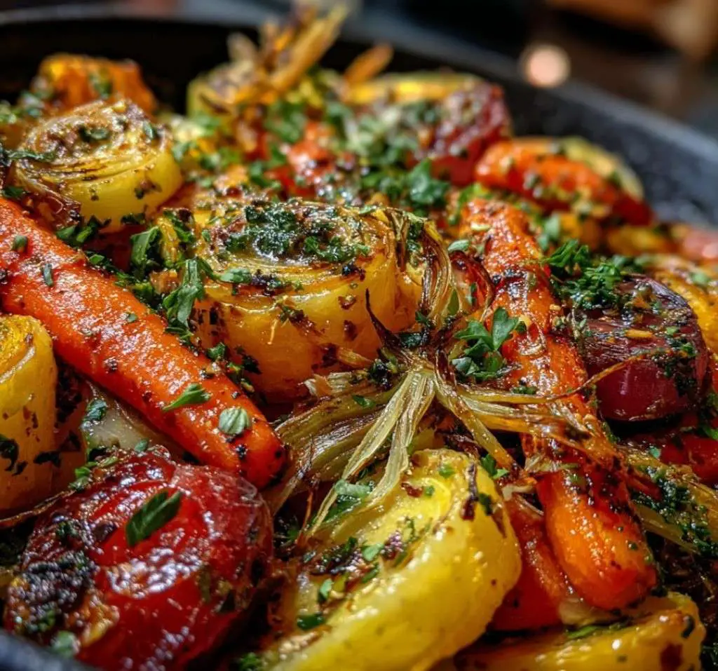Légumes d’été rôtis au four, colorés et dorés, parsemés de persil frais dans un plat.